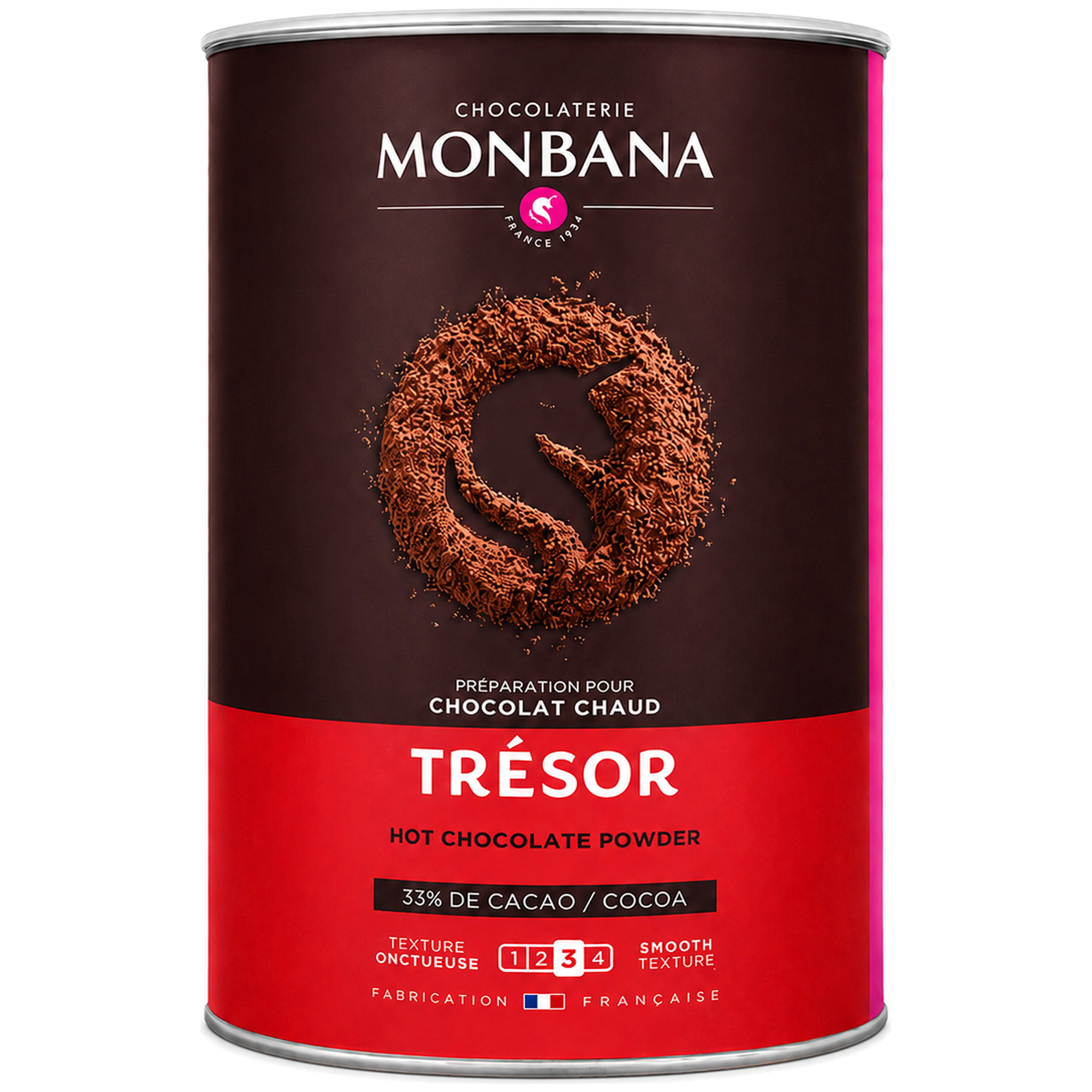 Dóza Monbana Trésor de Chocolat 1 kg — horká čokoláda v prášku, 33 % kakaa